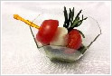 Закуска в шоте Капрезе(помидорчик Черри с мини-моцарелой на шпажке с соусом Песто и веточкой душистого розмарина)